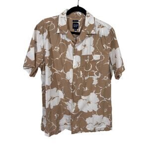 Gap Button Up Shirt Womens Medium Khaki Tropical Linen Cotton Camp Collar